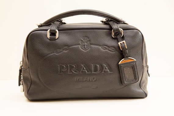 PRADA NYLON CANVAS BAG BLACK LEATHER HANDLES SHOULDER TOTE 12 x 7 x 3  VINTAGE