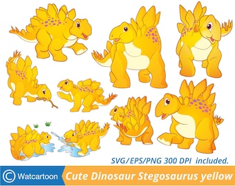 Cute Dinosaur Stegosaurus  yellow action set. Vector Clip Art for Commercial and Personal Use /Digital art, INSTANT DOWNLOAD.