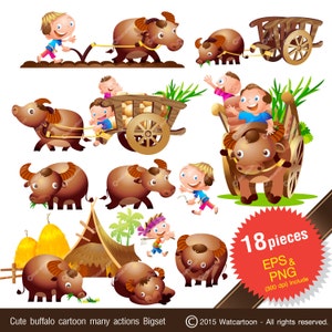 Süße Büffel cartoon viele Aktionen Bigset.Vector Cliparts für kommerziellen und persönlichen Gebrauch /Digital Kunst, INSTANT DOWNLOAD