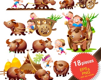Buffalo Cartoon Clip Art, Bauernhof Vektorgraphik (Digitaler Download)