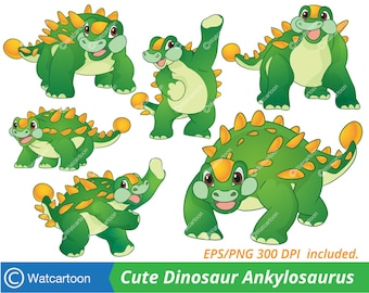 Niedlicher Dinosaurier Ankylosaurus Cartoon Aktionsset. Digitale Kunst - Clip Art für kommerziellen und persönlichen Gebrauch - SOFORT DOWNLOAD.