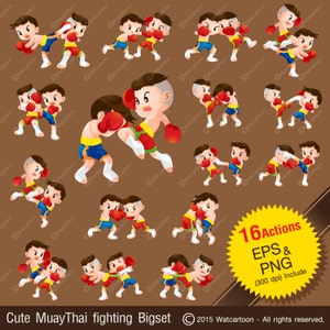 Muaythai mignon - cartoon de vecteur de boxe Thai combat grand ensemble. Vector Clip Art pour l’art Commercial et usage personnel /Digital, téléchargement immédiat