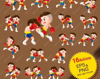 Niedliche Muaythai - Thai-Boxen Vektor Cartoon kämpfen großen Satz. Vektor-Cliparts für kommerziellen und persönlichen Gebrauch /Digital Kunst, INSTANT DOWNLOAD