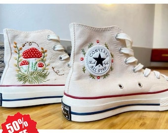 Embroidered Converse/Mushroom Converse, Embroidered Red Mushrooms And Flower, Flower Garden Converse