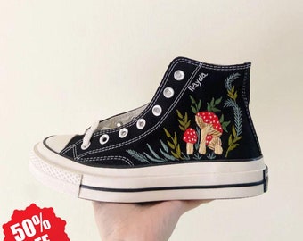 Embroidered Converse/Mushroom Converse/Embroidered Orange mushrooms And Flower/Converse High Tops