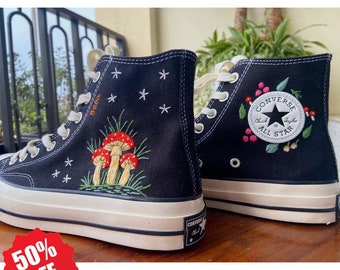 Midnight Mushroom Converse Custom | Mushroom and Floral Embroidered Converse 1970s | Floral Custom