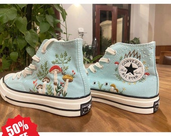 Mushrooms Embroidered Converse/ Mushrooms Embroidered Converse Custom/Mushrooms Embroidered Sneakers