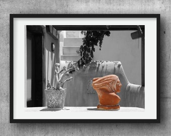 Hahnemühle Photo Rag 308, Mediterranean art print in black and white with terracotta color accent, Greece, Cyclades, size 30 x 20 cm