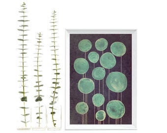 Watercolor print, spherical flowers in mint against a dark blue background, art print with lines and patterns, size DIN A4