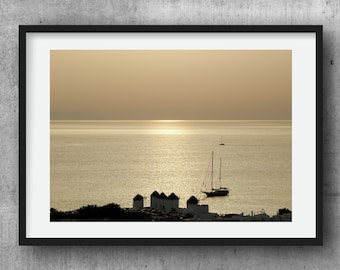 Mykonos windmills and sailing boat in golden sunset, greek longing photography, size 30 x 20 cm