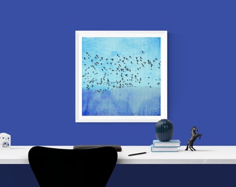 Art print "Birds World" in blue and turquoise, flying birds, geese in the sky in vintage style, print with watercolor character, 30 x 30 cm