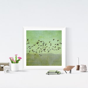 May include: A framed print of a flock of birds flying in formation against a green and white textured background.