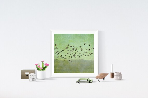 Natur und Kunst, Gänse durchfliegen das Bild, Druck im Vintage-Look, grün, quadratisch, Größe 20 x 20 cm, 30 x 30 cm