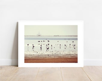 Photo art print Industry meets nature, flamingos in the lagoon in front of the oil platform, poster size 30 x 20 cm and 45 x 30 cm