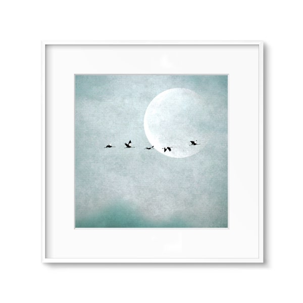 Kraniche vor dem Mond in den Farben Mint und Weiß, Fotografie, Kunstdruck, Glücksgeschenk, Fine Art Print in 3 Größen