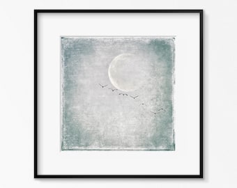 Crane picture Flying cranes to the moon art print wall decoration in crash look with mint tone home decoration format 30 x 30 cm