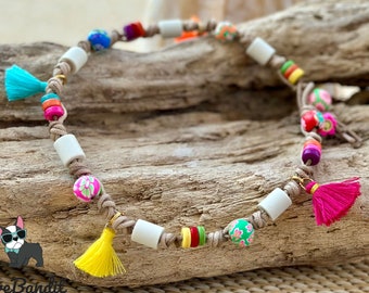 Collier pour chien en céramique EM, collier anti-tiques "Poppy" - perles et pompons colorés -