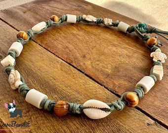 EM Ceramic Dog Collar Tick Collar Ceramic Collar *Seaweed* Turtles, Coconut Beads, Shell and Wooden Beads - The Original -