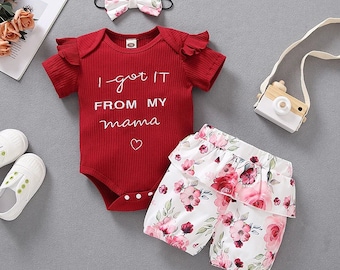 Red Floral Baby Romper Outfit  for Newborn Girl - Baby Girl Sister Outfit Clothing Shower - Gift with Infant Baby Headband Clothing Sets