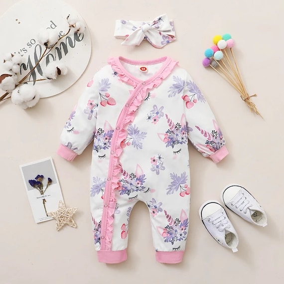 Unicorn Long Sleeve Romper for Toddlers Baby Girls Pink Floral