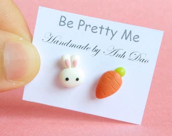 Cute bunny and carrot stud earrings. Easter bunny earrings. Carrot stud earrings. Handmade polymer clay. Easter gif for children and adult