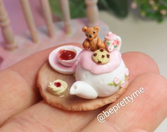 Miniature Tea Time Series. Tea Pot With Teddy Bear. Cute Dollhouse Collectibles. Adorable Handmade.