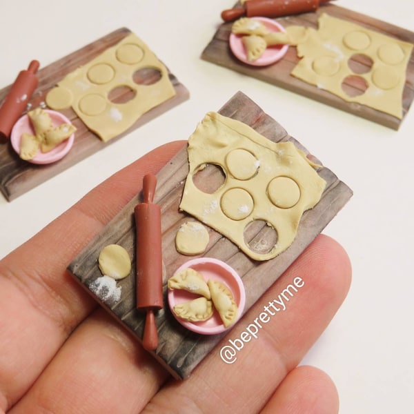 Miniature Dumpling Making Set. Pastry Making Scene. Cute Dollhouse Collectibles. Adorable Handmade.