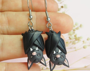 Halloween Bat Dangle Earrings. Hand Sculpted Wearable Art. Polymer Clay.