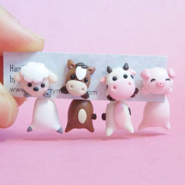 Clous d'oreilles animaux de la ferme/2 pièces. Mouton, cheval, vache laitière, cochon. Pâte polymère. Acier inoxydable. Prix pour la paire. Meilleur cadeau pour les filles de la ferme