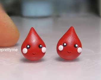 Blood Drop Cartoon Stud Earrings. Celebrating Blood Donation Month. Handmade Polymer Clay Jewelry. Special Thank You Gift for Nurses.