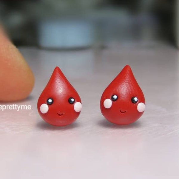 Blood Drop Cartoon Stud Earrings. Celebrating Blood Donation Month. Handmade Polymer Clay Jewelry. Special Thank You Gift for Nurses.
