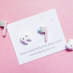 Cute Tooth & Toothbrush Stud Earrings. Promoting Oral Health. Dental Related Jewellery. Stainless Steel. Polymer Clay. Hypoallergenic