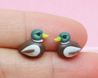 Mallard Duck Stud Earrings. Handmade Wearable Art Polymer clay. Stainless Steel Studs. Wonderful gift for bird fans.