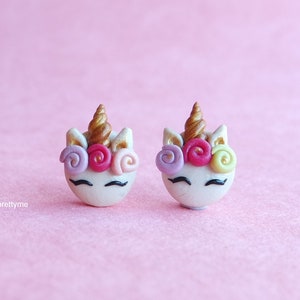 Rainbow Flower Unicorn Stud Earrings. Cute Unicorn with flower head band. Polymer clay jewellery. Gift for rainbow girl. Kawaii unicorn