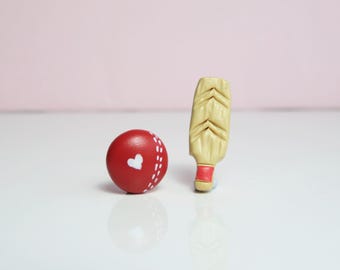Cricket Love Stud Earrings. Cricket Bat and Ball Earrings. Gift for Cricket Mum/ Cricket Fan. Handmade Polymer Clay.