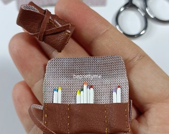 Miniature Leather Pencil Case.Polymer Clay Non-functional Pencils.Cute Dollhouse Collectibles.Handmade 1:6 Scale