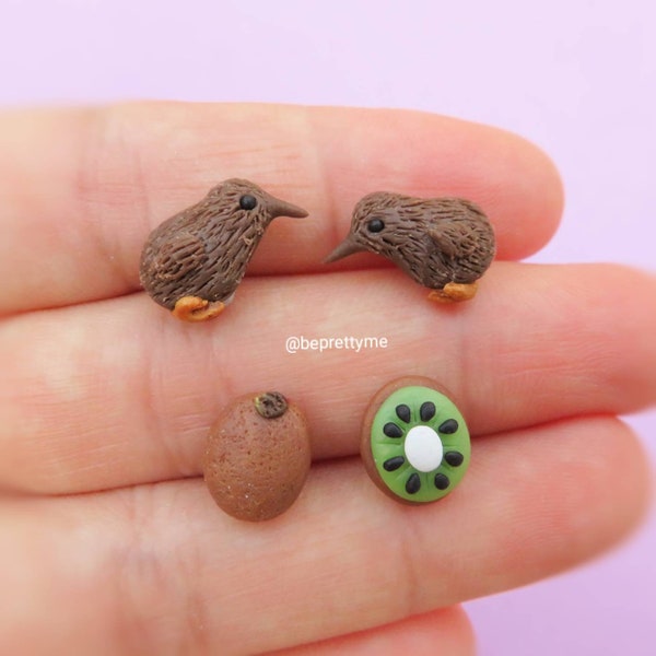 Cute Kiwi bird stud earrings. Handmade jewellery. Polymer clay. Wonderful gift for bird fans.