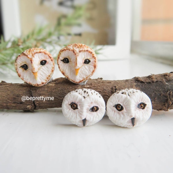Snow Owl & Barn Owl Stud Earrings. Cute Woodland Animal. Rustic jewellery. Perfect gift for animal lovers. Polymer clay. Stainless Steel
