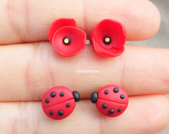Poppy Flower Stud Earrings.Red Poppy.Ladybug Earrings.Flower Polymer Clay Jewelry.Cute Earrings