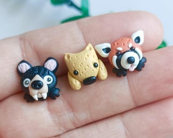 Animal Stud Earrings. Face Only no dangle body. Tasmania Devil, Wombat, Red Panda Earrings. Best gift for animal lovers.