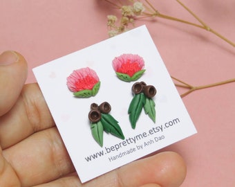 Australia Native Plant Stud Earrings. Banksia/ Gumnut Pair. Polymer Clay Jewelry. Beautiful gift for gardeners/ plant collectors