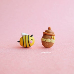 Little Bee & Honey Pot Stud Earrings. Mismatched Earrings. Handmade Polymer Clay Jewellery. Beautiful gift for gardeners