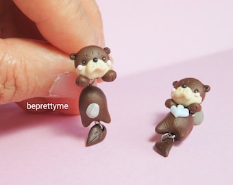 Cute Otter Dangle Earrings. Polymer Clay.  Stainless Steel. Best gift for animal lovers.