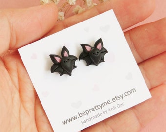 Cute Bat Stud Earrings. Halloween Earrings. Spooky Jewellery. Hand Sculpted Wearable Art. Polymer Clay.