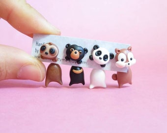 Wood Animal Stud/ 2 Pieces Earrings. Sloth, Sunbear, Panda Squirrel. Handmade Polymer Clay. Stainless Steel.Price for a Pair