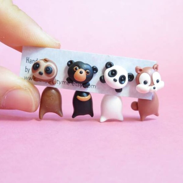 Wood Animal Stud/ 2 Pieces Earrings. Sloth, Sunbear, Panda Squirrel. Handmade Polymer Clay. Stainless Steel.Price for a Pair