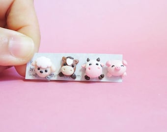 Farm Animal Stud Earrings. Face studs ONLY no dangle body. Sheep/Horse/Milk Cow/Piggie. Comes in a Pair.Best gift for farm people