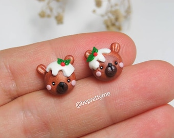 Little Bear Pudding Stud Earrings. Festive season. Cute Gift for X'mas
