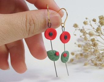 Poppy Flower Dangle Earrings.Red Poppy.Flower Polymer Clay Jewelry.Cute Earrings