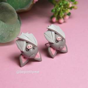 Cute Bat Stud Earrings. Hand Sculpted Wearable Art. Polymer Clay.